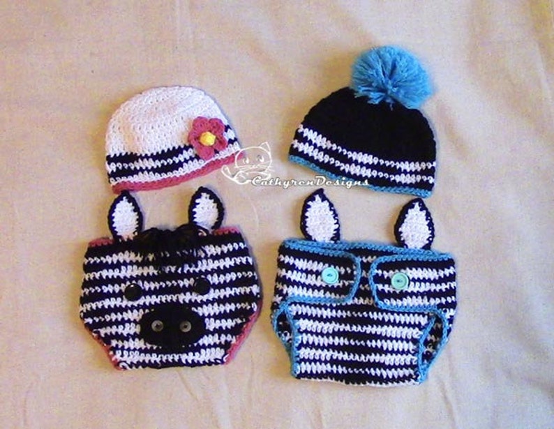 Baby Zebra Diaper Cover, Hat, Headband Set, Photo prop INSTANT DOWNLOAD Crochet Pattern image 3