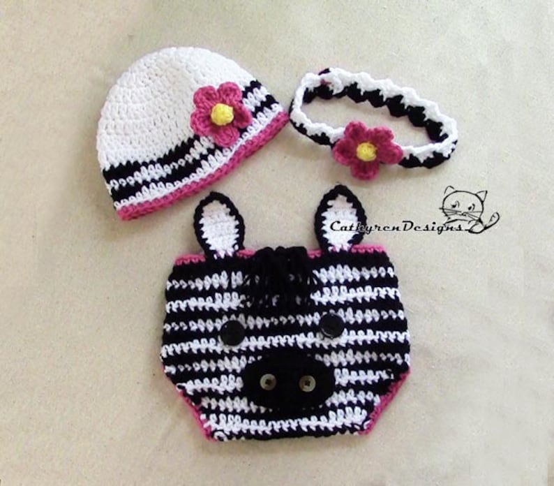 Baby Zebra Diaper Cover, Hat, Headband Set, Photo prop INSTANT DOWNLOAD Crochet Pattern image 2