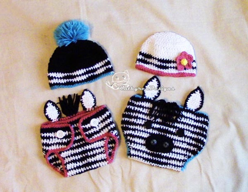 Baby Zebra Diaper Cover, Hat, Headband Set, Photo prop INSTANT DOWNLOAD Crochet Pattern image 1