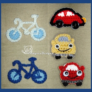 Crochet Appliques-Cartoon Car, Beetle Car, Bike INSTANT DOWNLOAD PDF Patterns image 1