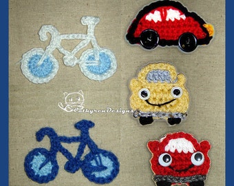 Crochet Appliques-Cartoon Car, Beetle Car, Bike - INSTANT DOWNLOAD PDF Patterns