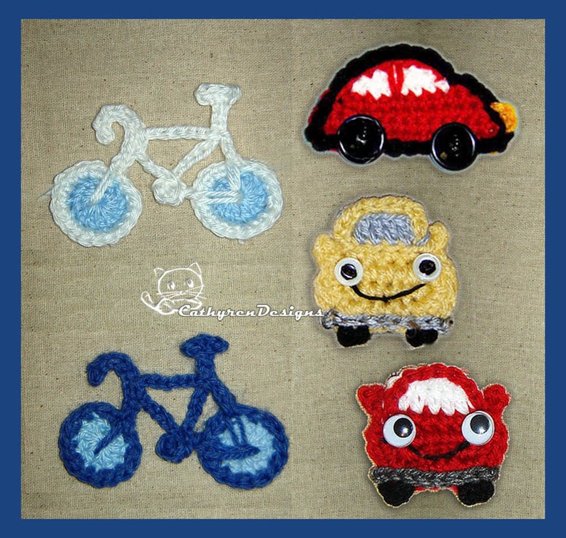Crochet Appliques-Cartoon Car, Beetle Car, Bike INSTANT DOWNLOAD PDF Patterns image 1