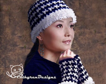 Houndstooth Beanie and Arm-Warmer Set, Sizes Teen-Adult, INSTANT DOWNLOAD Crochet Pattern