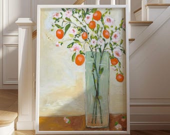 Impression d&#39;art de fleurs de mandarine : peinture florale vintage de nature morte