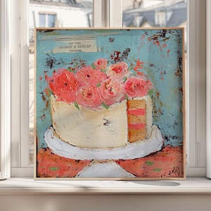 Wedding Cake Art Pink Roses Cake Wall Art Bridal Shower Gift ideas for Baker Home decor Floral Painting Bakery Pink Dessert illustration