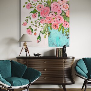 Floral Art Print Pink Roses Elegant Abstract Wall Decor for Home Office ...