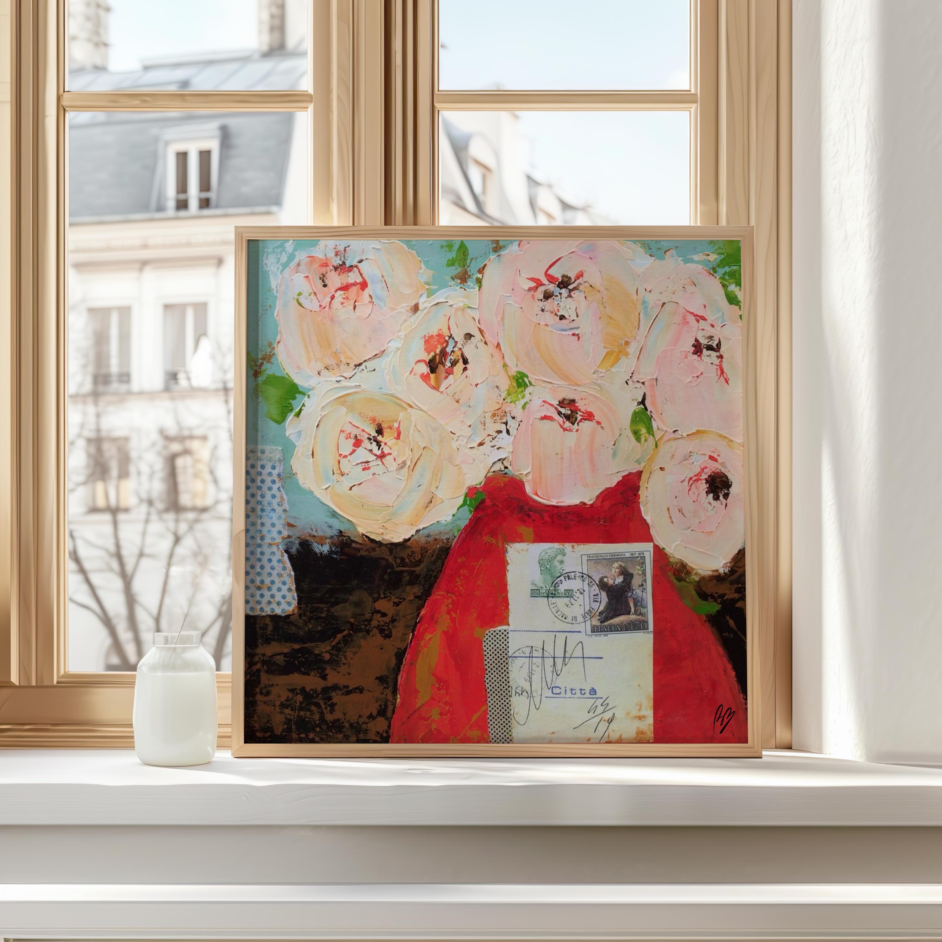 Impression d'art floral avec vase rouge — décoration murale bouquet sentimental avec note vintage