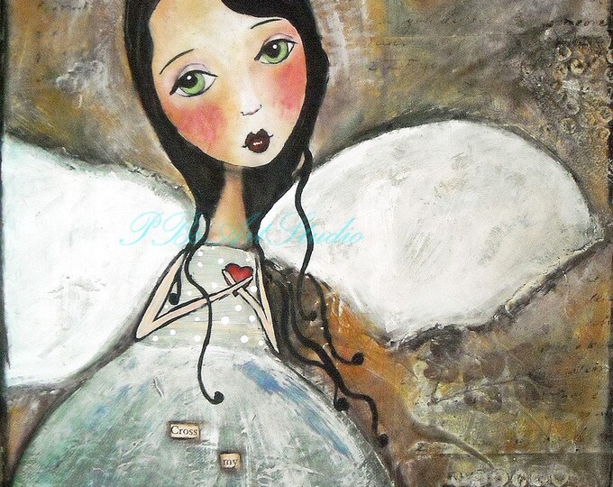 ORIGINAL MIXED MEDIA ANGEL PAINTING cross My Heart on 9X12 Canvas by