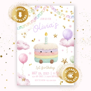 Op de afbeelding: Een pastelkleurige verjaardagsuitnodiging met de tekst "Olivia's 1e verjaardag". Het ontwerp bevat een cartoon taart, ballonnen, sterren en confetti. De uitnodiging bevat ook de datum, tijd en locatie.
