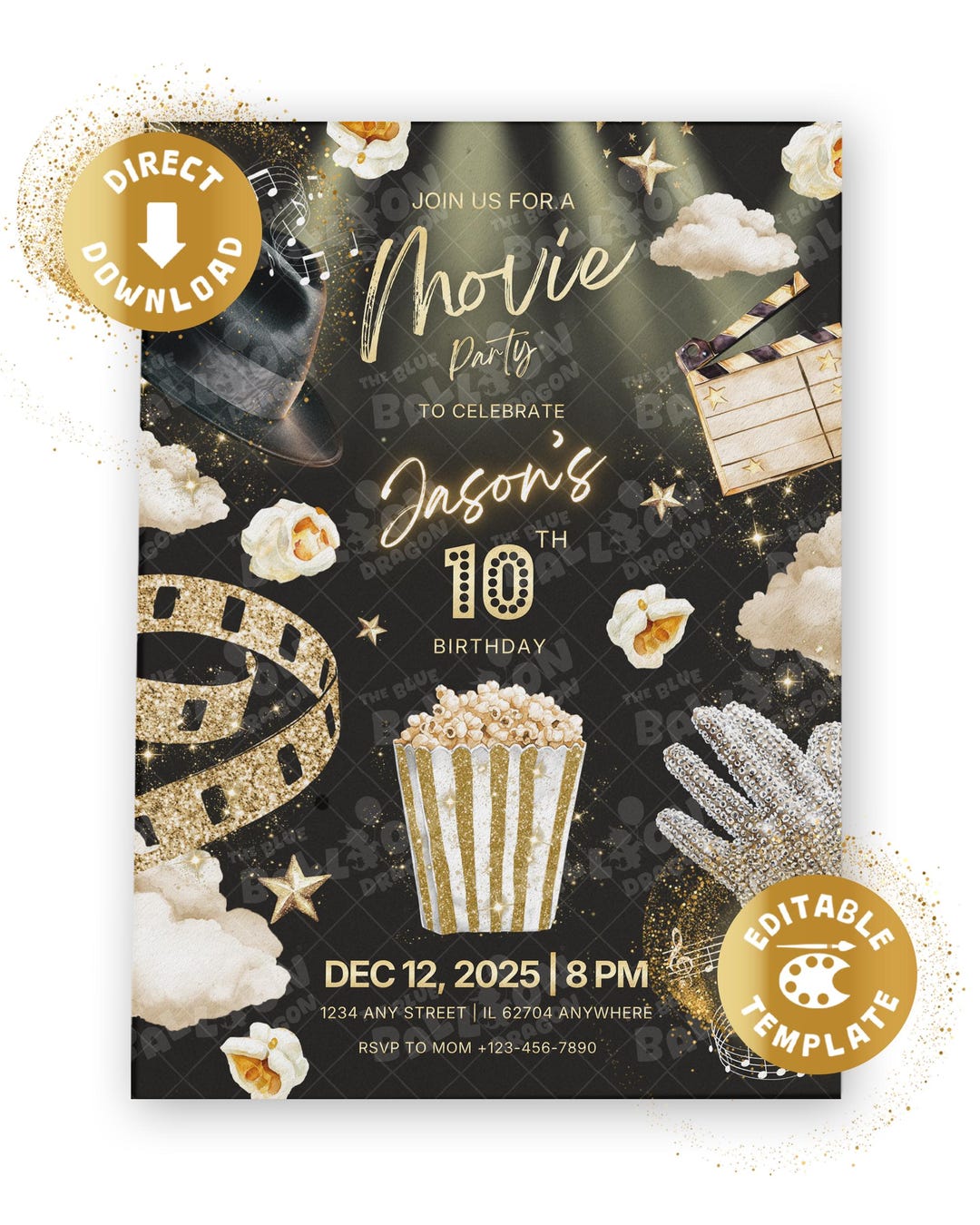 Movie Night Pop Star Birthday Invitation Cinema Movie Pop Music Dance ...