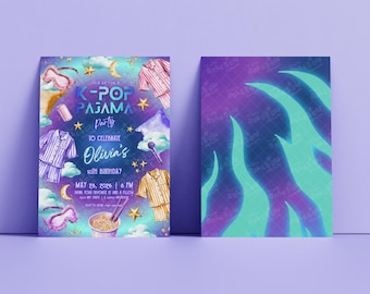 May include: A K-Pop Pajama Party invitation with a purple and teal color scheme. The invitation includes text, pajamas, a microphone, and other party-themed graphics. The invitation is for Olivia's 10th birthday.