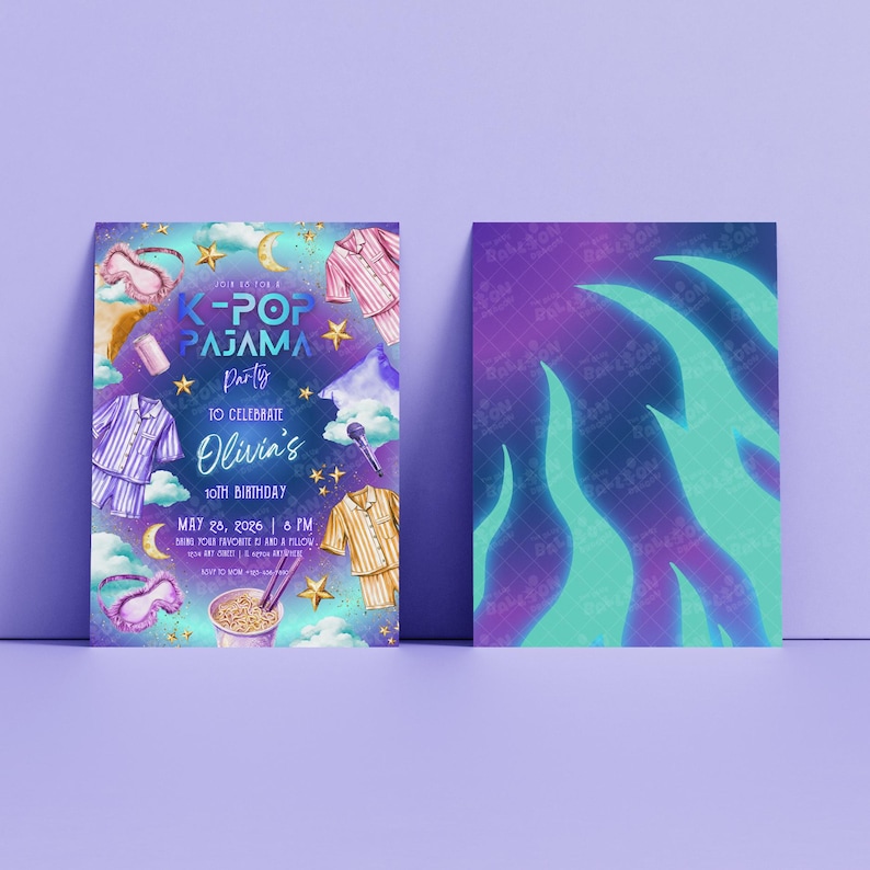 May include: A K-Pop Pajama Party invitation with a purple and teal color scheme. The invitation includes text, pajamas, a microphone, and other party-themed graphics. The invitation is for Olivia's 10th birthday.