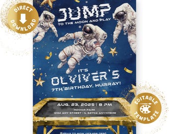 May include: A blue invitation with astronauts, stars, and confetti. Text includes "JUMP TO THE MOON AND PLAY", "OLVIVER'S 7TH BIRTHDAY, HURRAY!", and event details. Features a "DIRECT DOWNLOAD" and "EDITABLE TEMPLATE" badge.