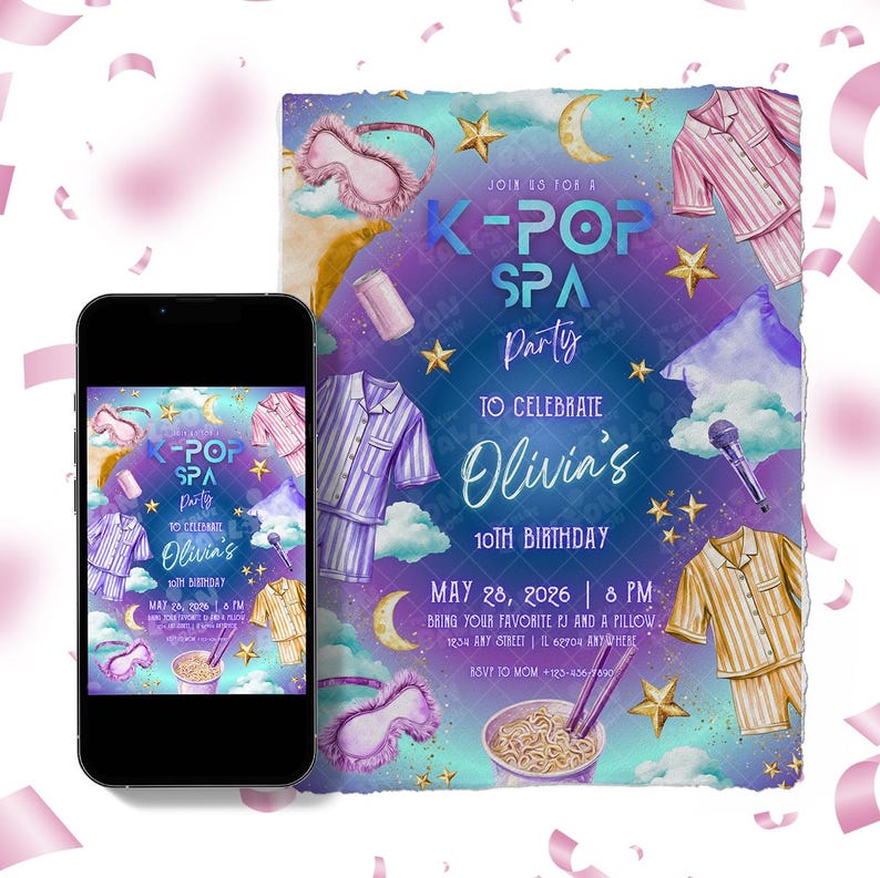 May include: A K-Pop Spa Party invitation for Olivia's 10th birthday, featuring a smartphone displaying the same design. The invitation has a watercolor design with pajamas, stars, moons, and the text "K-Pop Spa Party".