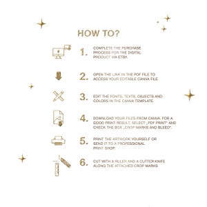 May include: A white graphic with gold text and illustrations detailing the steps to use a digital product. The steps include purchasing on Etsy, accessing a Canva file, editing, downloading, printing, and cutting.