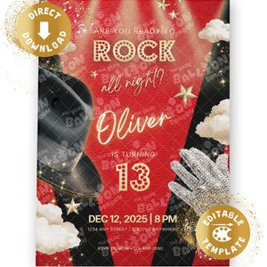 May include: A red and black birthday party invitation with the text "Are you ready to ROCK all night?" and "Oliver is turning 13." The design includes a fedora, a rhinestone glove, and star accents. Includes a direct download and editable template icon.
