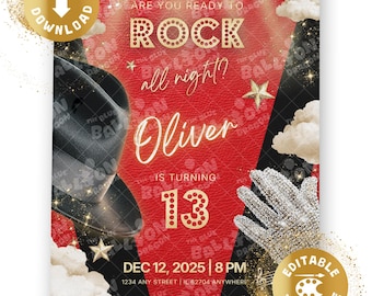 May include: A red and black birthday party invitation with the text "Are you ready to ROCK all night?" and "Oliver is turning 13." The design includes a fedora, a rhinestone glove, and star accents. Includes a direct download and editable template icon.