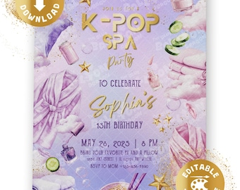 May include: A K-Pop Spa Party invitation with a purple and pink watercolor design. The invitation includes gold text that reads "K-Pop Spa Party" and "To Celebrate Sophia's 13th Birthday." The design features spa-related illustrations and the words "Direct Download" and "Editable Template."