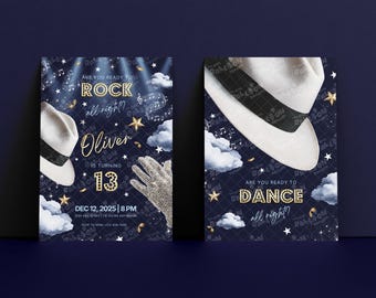 May include: Two navy blue party invitations with a musical theme. One features a white fedora, the text "ROCK all right?" and "Oliver is turning 13". The other says "DANCE all right?" with a fedora.