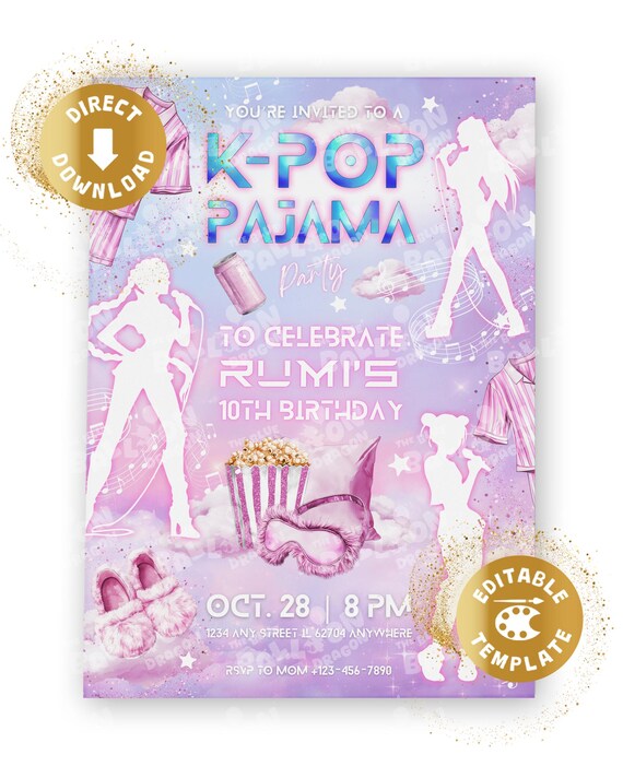 K-Pop Sleepover Geburtstags Einladung Digital Kpop Pajama Slumber Party KPOP Movie Night Korean Musik Disko Personalisiert Canva Vorlage