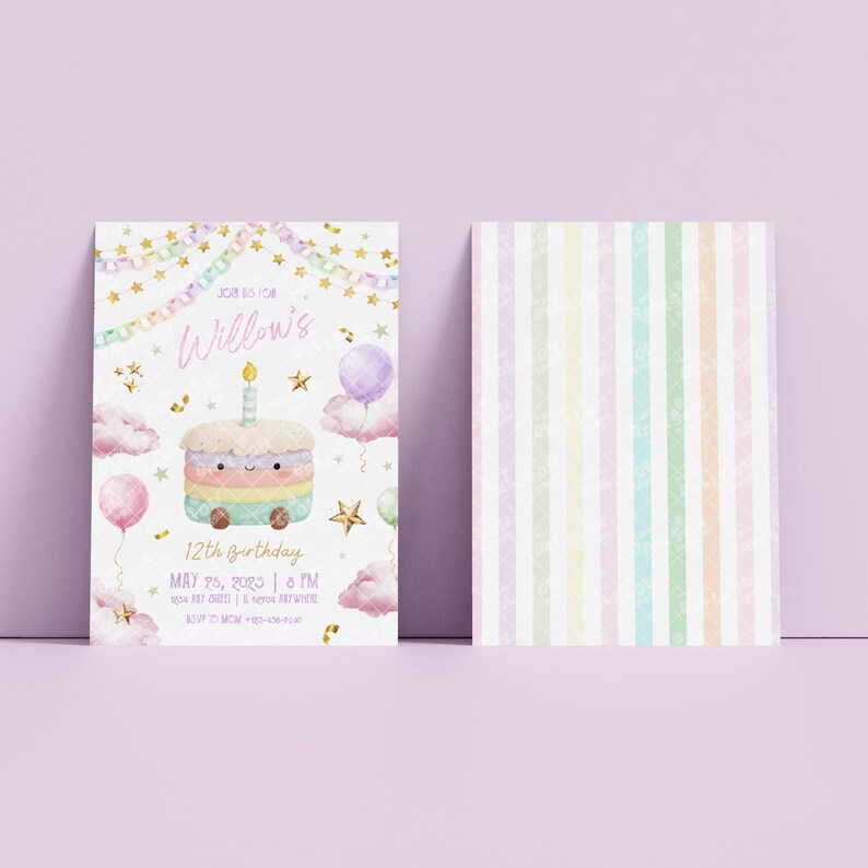 Pastel Cake Birthday Invitation Digital Cute Stuffed Cake Invite Fancy ...