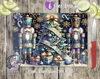 Könnte beinhalten: Festliche Illustration mit zwei Nussknackern, die einen geschmückten Weihnachtsbaum flankieren. Das Bild enthält Geschenkboxen, Schneeflocken und den Text "6 Free Designs" und "High Resolution 300 DPI". Die Farbpalette umfasst Blau-, Grün- und Goldtöne.