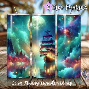 Fantasy Moonlit Ship Tumbler Wrap PNG – 20oz Skinny Sublimation Design, Celestial Sailing Night Sky, Cosmic Galaxy Ocean Background