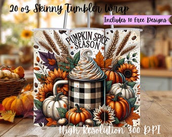 May include: A 20 oz skinny tumbler wrap featuring a fall-themed design. The wrap includes pumpkins, sunflowers, and the text "Pumpkin Spice Season." The design is high resolution and includes 10 free designs.