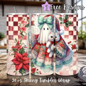 May include: A 20 oz skinny tumbler wrap featuring a whimsical Christmas design. The wrap showcases a ghost character in a Santa hat, holding a white cat. The design includes red poinsettias, holly, and a red and white checkered pattern. The text "9 Free Designs" and "20 oz Skinny Tumbler Wrap" are visible.