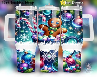 May include: A 40 oz tumbler wrap with a festive Christmas design. The wrap features a candy cane, gingerbread man, ornaments, and snowflakes against a teal background. The tumbler has a white handle and lid.