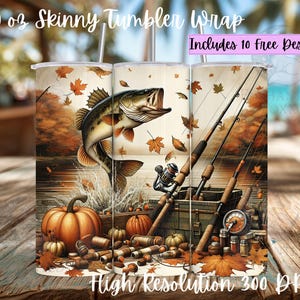 Fall Fishing 20oz Skinny Tumbler Wrap PNG, Bass Tumbler Wrap, Fisherman Tumbler, Fishing Gear, Rustic Outdoor Hunting & Fishing, Digital