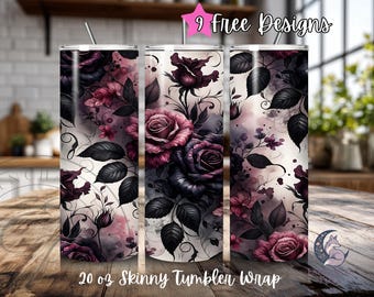 Envoltura para vaso con rosas góticas PNG, diseño floral oscuro de sublimación de 20 oz, rosas grunge vintage, flores negras y moradas con un toque melancólico, PNG de 300 DPI