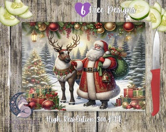 May include: A festive Christmas-themed cutting board featuring Santa Claus, a reindeer, and a snowy forest scene. The image includes a Christmas tree, gifts, and the text "6 Free Designs" and "High Resolution 300 DPI".