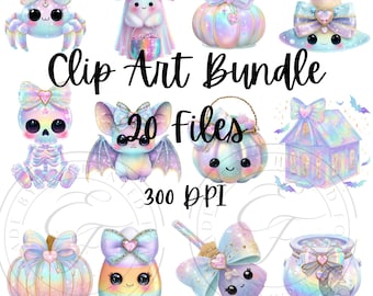May include: A collection of whimsical clip art images featuring pastel-colored Halloween-themed characters and objects. Includes a spider, ghost, pumpkin, witch's hat, skeleton, bat, candy corn, and cauldron, all adorned with bows and hearts. The text "Clip Art Bundle" and "20 files" is also present.