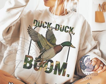 Duck Duck Boom PNG-fil, Camo Duck Sublimation Design, Digital nedladdning av ankjakt, Southern Vibes Duck Hunter png