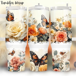 Boho Flowers 40 oz Tumbler Wrap, Butterfly 40 oz Tumbler PNG, Floral 40oz Sublimation Tumbler Design, 40oz Tumbler Template, Vintage Floral