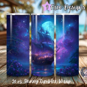 Mystical Moonlit Ship Tumbler Wrap PNG – 20oz Skinny Sublimation Design, Fantasy Sailing Night Sky, Purple Galaxy Ocean Scene