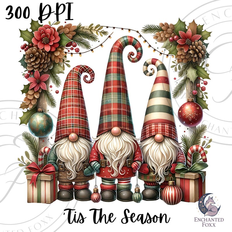 three gnomes wearing plaid hats and red and green outfits, surrounded by Christmas decorations such as pine cones, berries, and ornaments. The text "Tis The Season" is displayed below the gnomes, indicating the festive season.