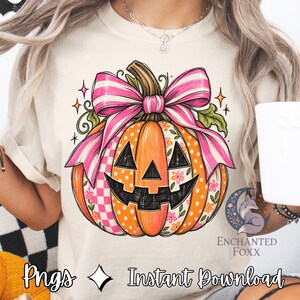 Patchwork Pumpkin PNG, Pink Bow Halloween T-Shirt Design, Digital Download