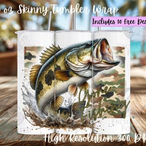 Gone Fishing Bass Tumbler Wrap png, 20 oz Skinny Straight Wrap, Realistic Largemouth Bass with Camo Background, Fishing Gift for Men