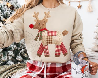 Latch Hook Yarn Faux Embroidery Christmas Patchwork Reindeer PNG, Holiday Christmas png, Holiday Shirt Faux Crochet Sublimation Design