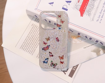 Romantic Lace and Dancing Butterflies iPhone Case,Customized Gift,For iPhone 16 15 14 13 12 11 8 7 Mini Plus Pro Max,iPhone X XS XR SE2020