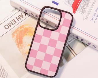 White and Pink Checkered Pattern Personalized Soft iPhone Case,Birthday Gift,For iPhone 16 15 14 13 12 11Mini Plus Pro Max,iPhone X XS XR SE
