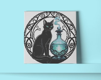 Patrón de punto de cruz de botella de poción de gato negro: Decoración gótica de bruja (Descarga digital en PDF)