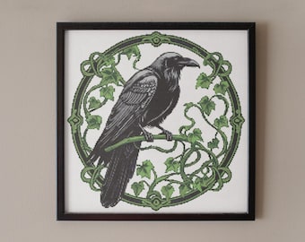 Raven Cross Stitch Pattern | Gothic Embroidery, Crow, Art Nouveau, Partial Coverage | PDF Digital Download