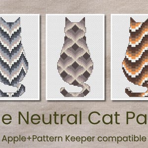May include: Three cross-stitch patterns of cats in different geometric patterns. The cats are in shades of gray, black, and white, and orange, brown, and white. The patterns are titled "The Neutral Cat Pack" and are compatible with Apple and Pattern Keeper.