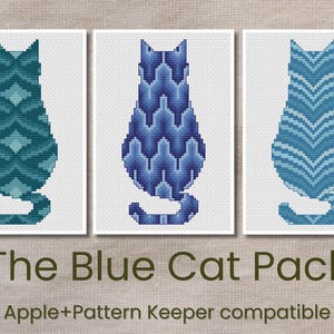 May include: Three cross-stitch patterns of blue cats with different geometric patterns. The patterns are titled "The Blue Cat Pack" and are compatible with Apple+Pattern Keeper.