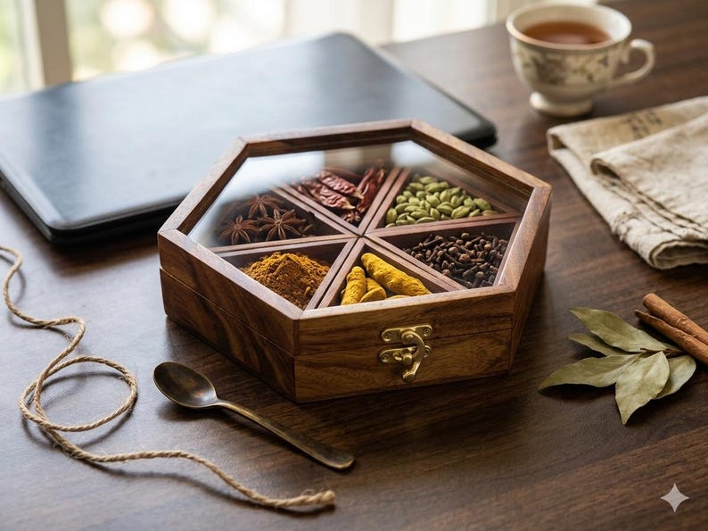 Hexagonal Neem Wood Spice Box