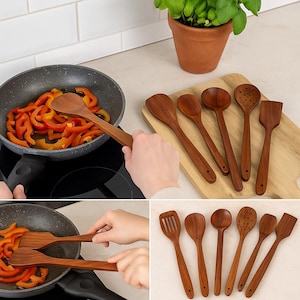 May include: A selection of wooden kitchen utensils, including spoons and spatulas, presented on a wooden board. A pan with sliced bell peppers is in the background. The utensils are made of a warm, reddish-brown wood.