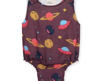 Handmade Eco-Friendly Cotton Romper: Space Print Sleeveless Jumpsuit
